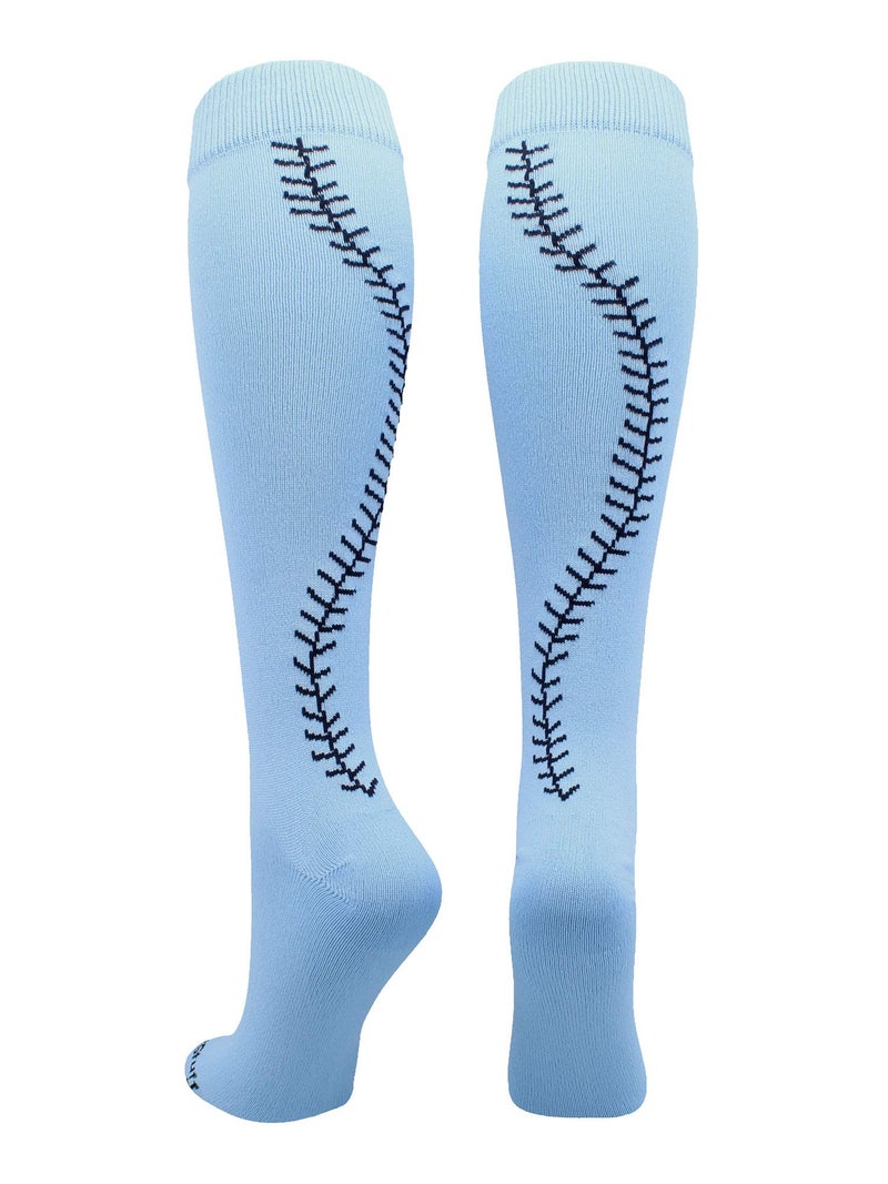 MadSportsStuff Softball Socks with Stitches Over the Calf (Columbia Blue/Navy, Medium) - Image 1